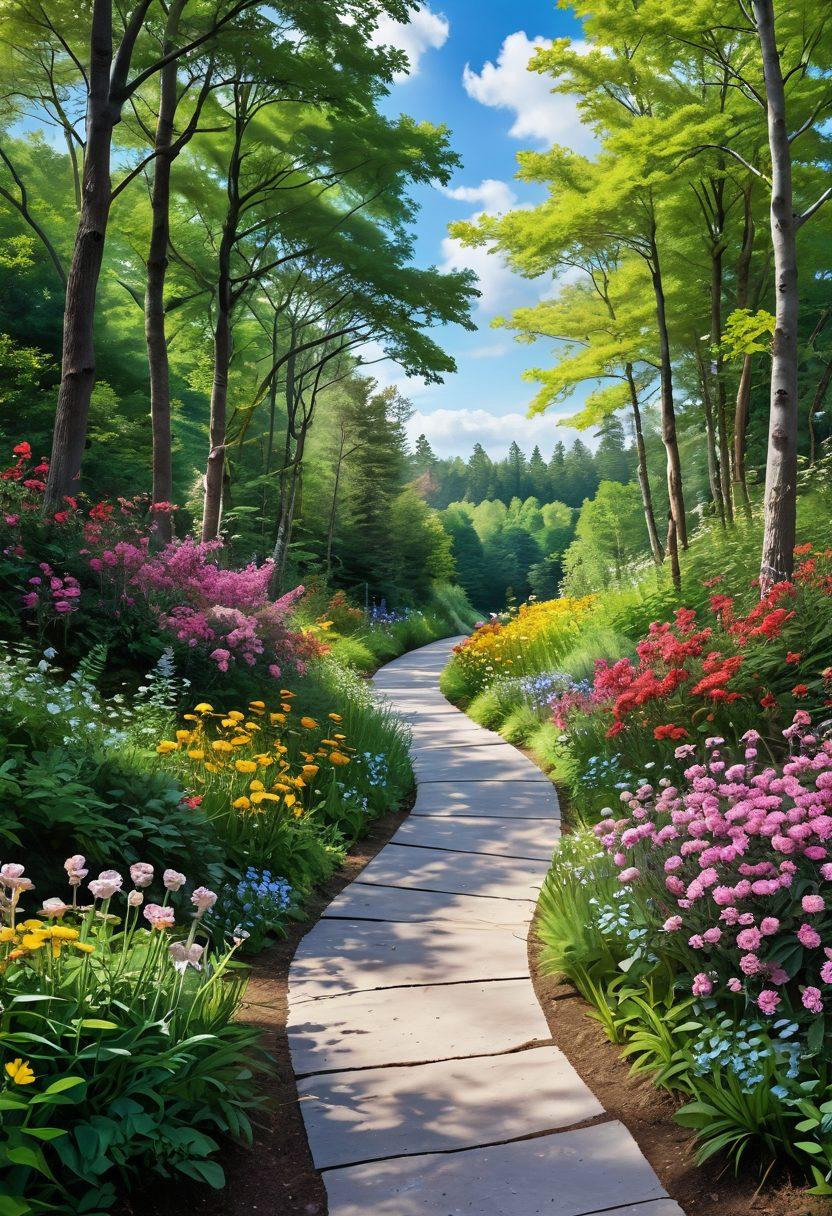 A serene landscape depicting a winding path through a lush green forest, symbolizing the journey of cancer treatment. Along the path, colorful blooming flowers represent hope and support. A group of diverse individuals of different ages and backgrounds are sharing conversations and encouragement. The sky is bright and uplifting, contributing to a sense of optimism. super-realistic. vibrant colors. soothing atmosphere.