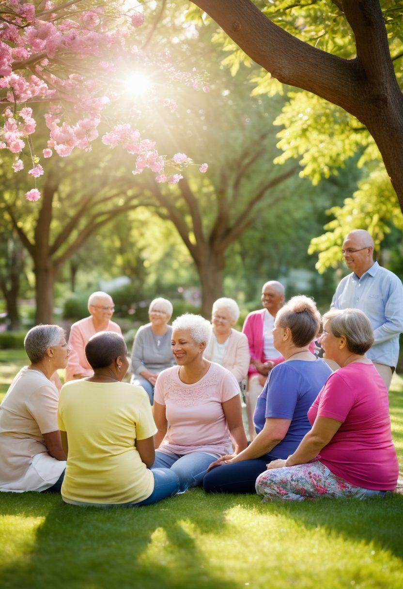 A serene scene depicting a diverse group of cancer survivors in a supportive community circle, sharing stories and laughter. Surround them with uplifting symbols of hope, such as ribbons and blooming flowers. Incorporate warm sunlight filtering through trees to symbolize healing and strength. The background should imply a tranquil park or garden setting, emphasizing unity and empowerment. vibrant colors. soft focus.