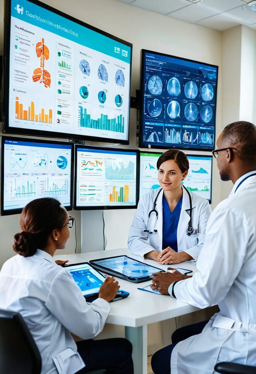 A serene, modern healthcare setting featuring a diverse group of healthcare professionals discussing advanced cancer management strategies. In the foreground, visuals of innovative technology like health monitors and personalized medicine charts. The background showcases a calm patient interaction, illustrated by a caring doctor and an informed patient. Bright, uplifting colors to convey hope and progress. super-realistic. vibrant colors. white background.